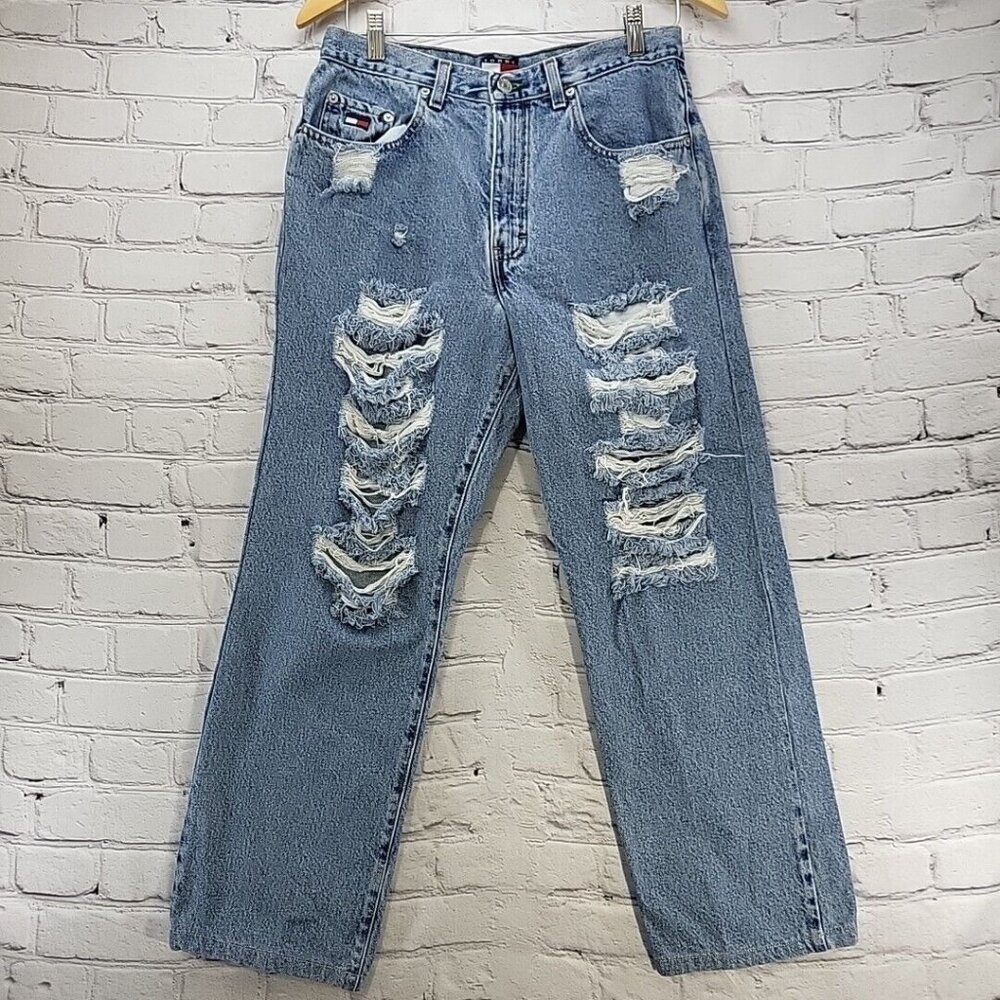 Vintage 90s Tommy Hilfiger Jeans Boys‎ 18 (28x27) Distressed Skater Wide Leg Y2K